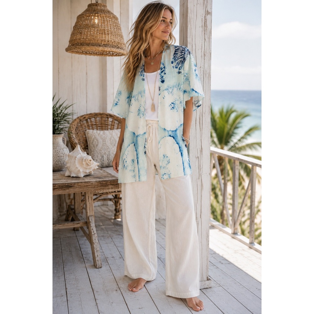 Monroe & Main Blue Floral Kimono 100% Cotton Coastal Boho Beach Cover Up S/M